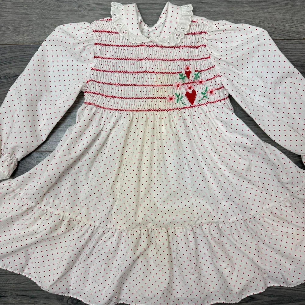 Vintage Polly Flinders Hand‑Smocked Heart Polka Dot Dress White/Red Kids Size 4